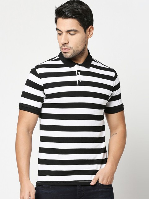 

Bewakoof Men White & Black Striped Polo Collar Cotton T-shirt