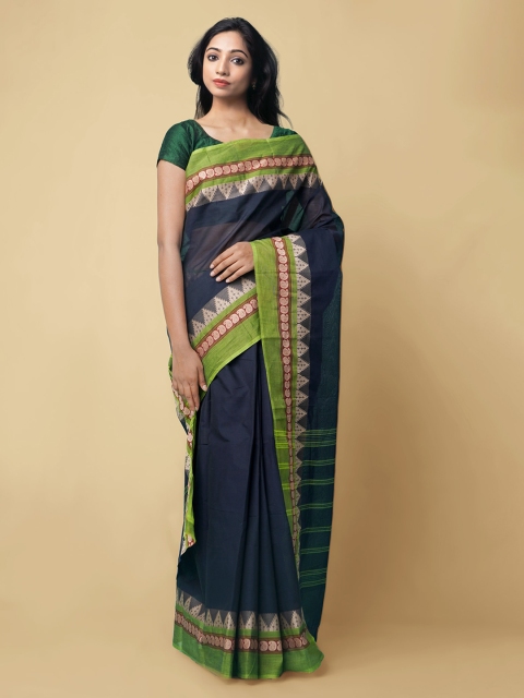 

Unnati Silks Black & Green Pure Cotton Solid Chettinad Handloom Saree