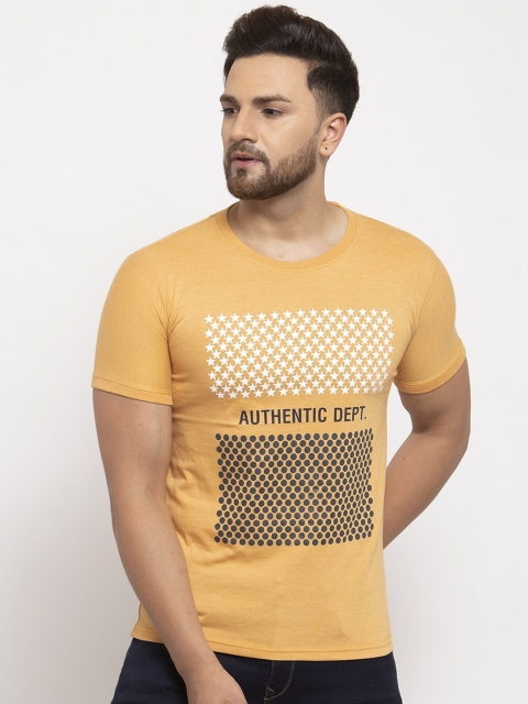 

UNICOPS Men Mustard Yellow Printed Round Neck Cotton T-shirt