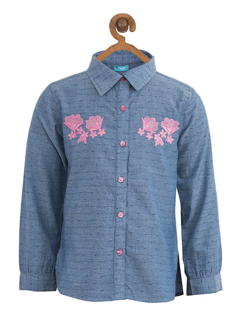 

Miyo Girls Blue Printed Pure Cotton Shirt Style Top
