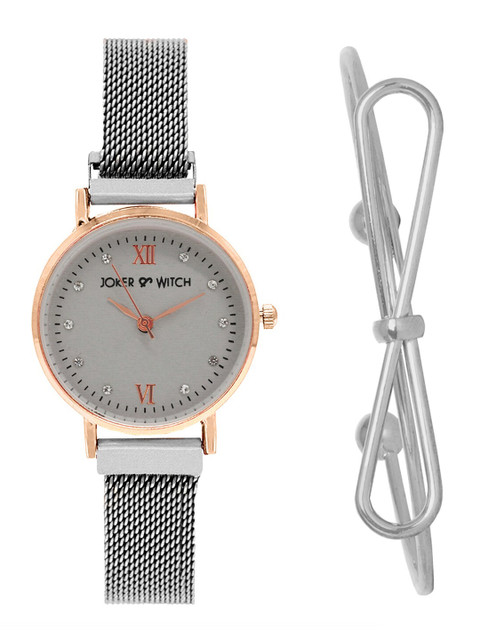 

JOKER & WITCH Women Silver-Toned & Rose Gold-Toned Leaden Loop Watch & Bracelet Gift Set-JWBS348