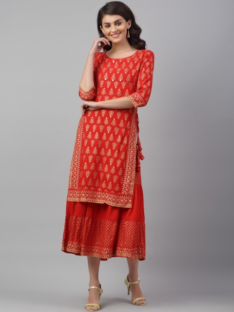 

ANAISA Women Red Printed Layered A-Line Ethnic Dress
