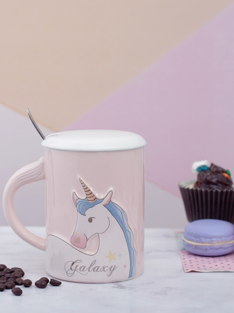 

A Vintage Affair- Home Decor Pink & Blue Printed Ceramic Mug with Lid & Spoon
