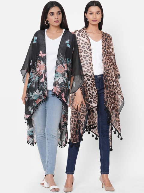 

Get Wrapped Women Pack Of 2 Printed Open Front Kimono Shrug, Black