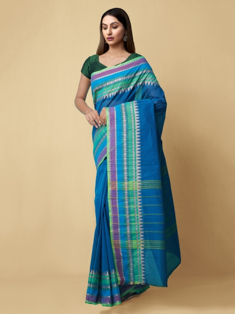 

Unnati Silks Blue Pure Cotton Solid Kanjeevaram Saree