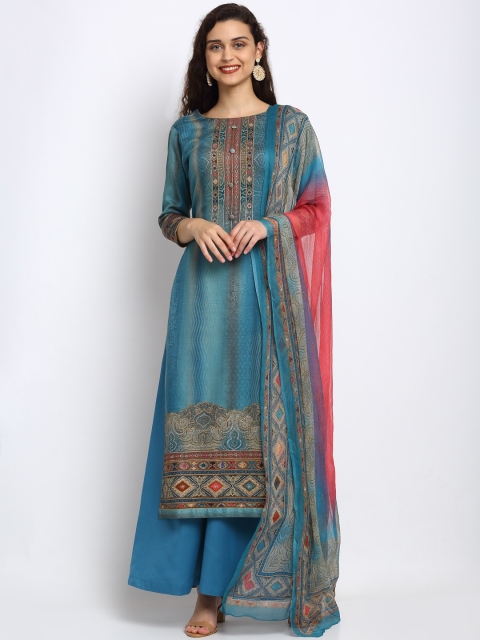 Stylee LIFESTYLE Blue & Pink Printed Silk Blend Unstitched Dress Material