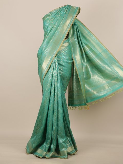 

Pothys Green & Gold-Toned Pure Silk Woven Design Banarasi Saree With Tasseled Pallu