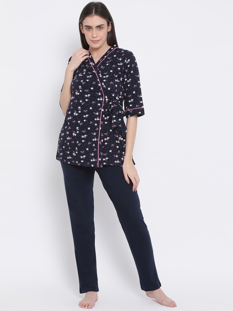 

Kanvin Women Navy Blue & Pink Printed Night Suit (3 pieces)