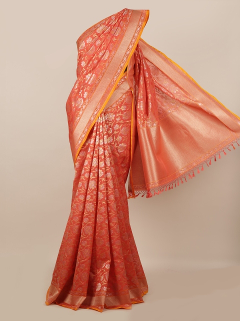 

Pothys Peach & Gold-Toned Pure Silk Woven Design Banarasi Saree With Tasseled Pallu