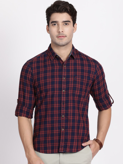 

t-base Men Red & Navy Blue Slim Fit Checked Casual Cotton Shirt, Orange