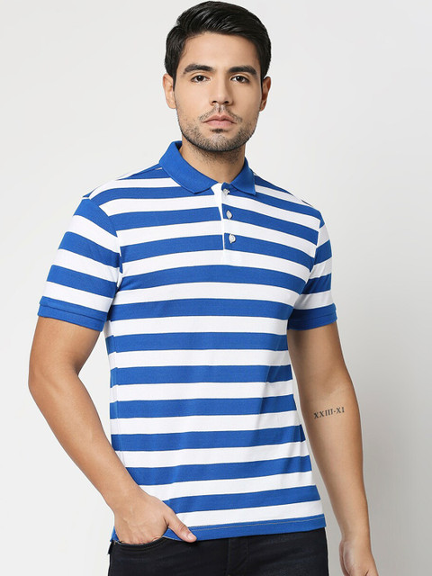 

Bewakoof Men Blue & White Striped Polo Collar T-shirt