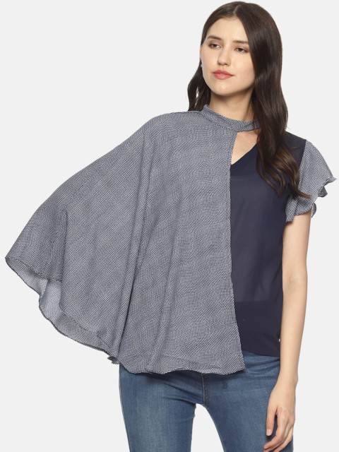 

COUPER & COLL Navy Blue & Grey Colourblocked Cape Sleeves Crepe Top