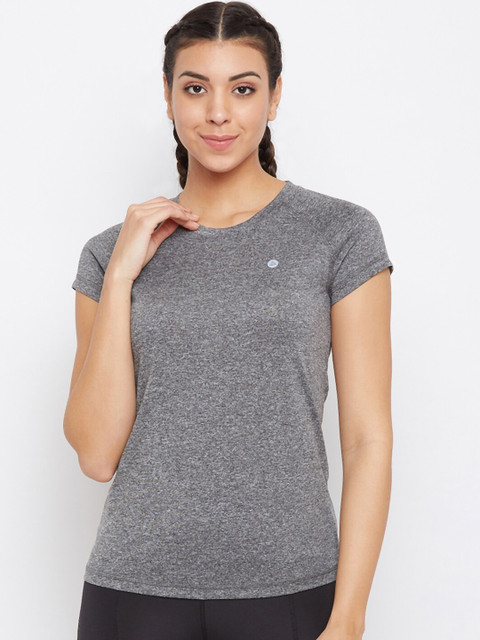 

Athleto Women Grey Solid Melange Round Neck Quick Dry Lightweight T-shirt, Grey melange
