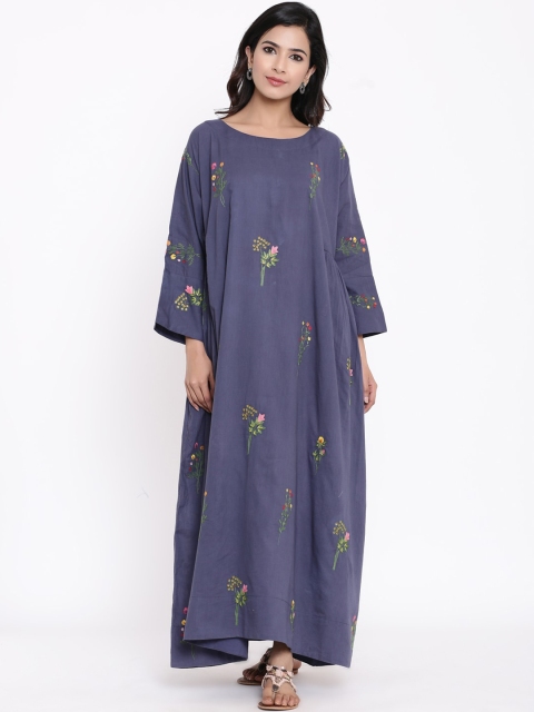 VRISA Women Blue Embroidered Cotton Kaftan Dress