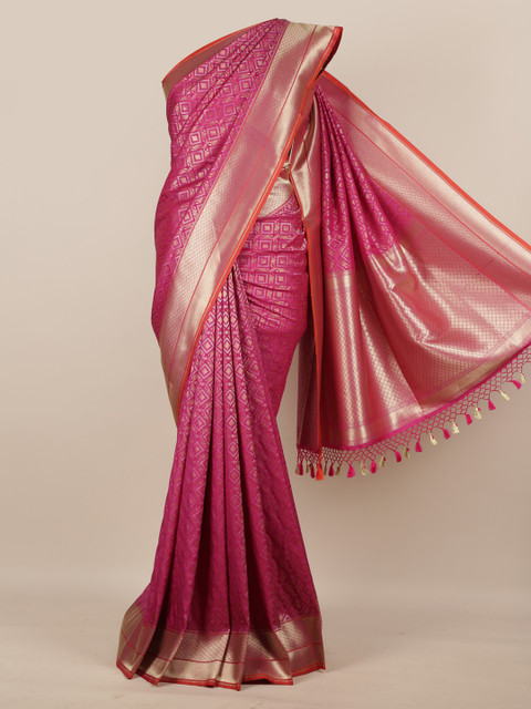 

Pothys Magenta & Gold-Toned Pure Silk Woven Design Banarasi Saree With Tasseled Pallu