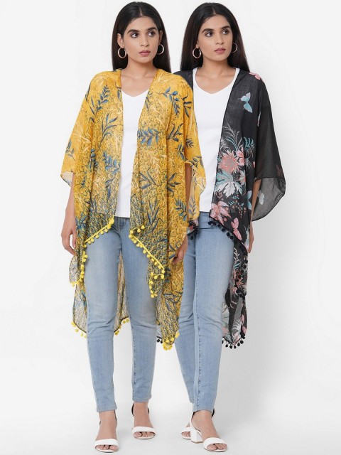 

Get Wrapped Women Pack Of 2 Printed Open Front Kimono Shrug, Yellow