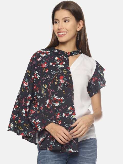 

Couper & Coll Women White & Black Floral Printed Layered Cape Top