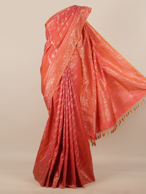 

Pothys Coral & Gold-Toned Pure Silk Woven Design Banarasi Saree With Tasseled Pallu