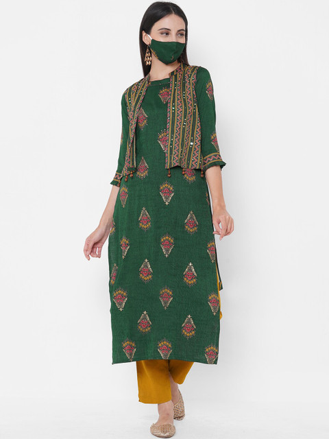 

Fashor Women Green Gold-toned Ethnic Motifs Printed Kurta With Jacket