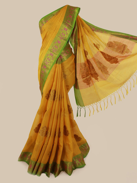 

Pothys Yellow & Green Cotton Blend Woven Design Saree