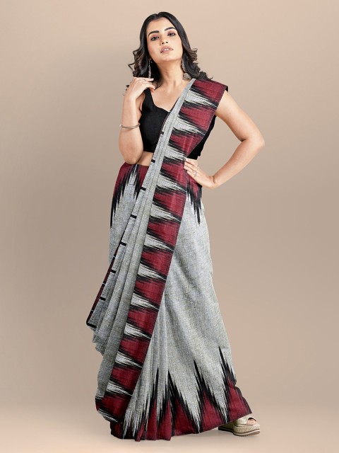 

BharatSthali Grey & Red Pure Cotton Printed Sambalpuri Handloom Saree