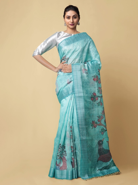 

Unnati Silks Blue Silk Cotton Kalamkari Printed Handloom Chanderi Saree