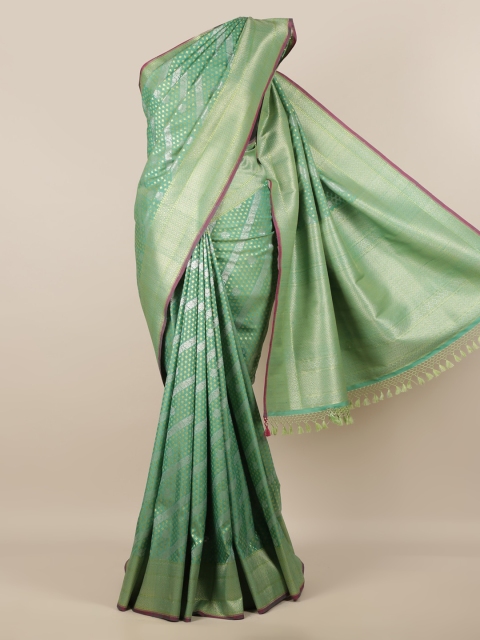 

Pothys Green & Gold-Toned Pure Silk Woven Design Banarasi Saree With Tasseled Pallu