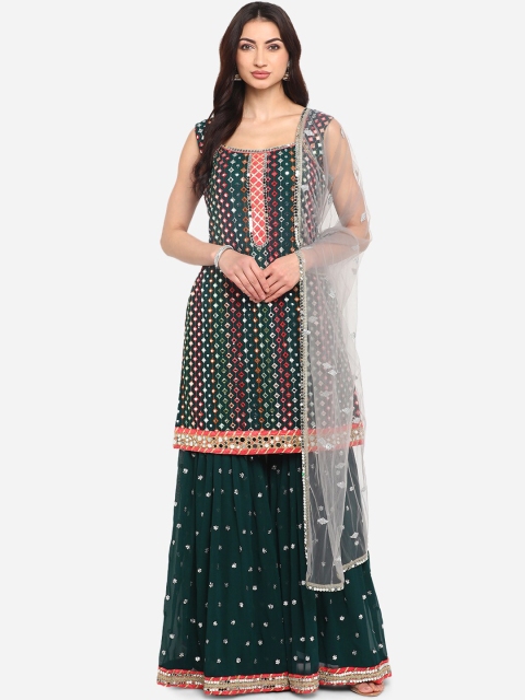 

BOMBAY SELECTIONS Women Green & Red Embroidered Kurti with Sharara & Dupatta
