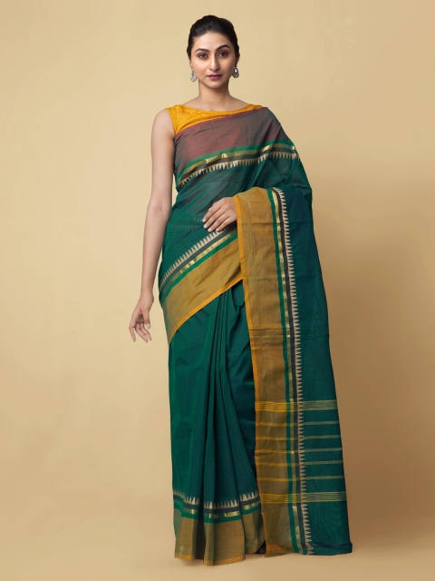 

Unnati Silks Green Pure Cotton Striped Kanjeevaram Saree