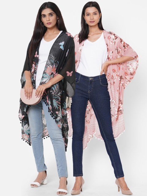 

Get Wrapped Women Pack Of 2 Printed Open Front Kimono Shrug, Black