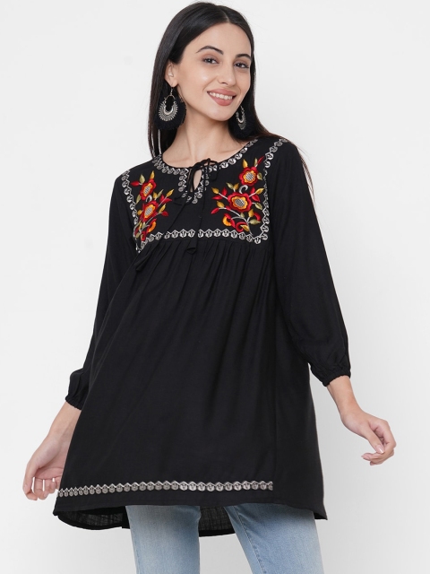 

FASHOR Women Black & Red Embroidered A-Line Kurti, Silver