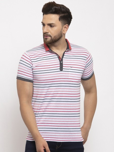 

UNICOPS Men White & Red Striped Polo Collar T-shirt