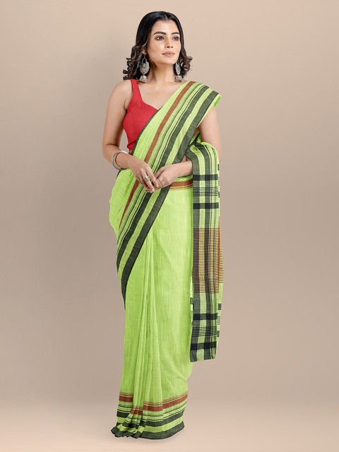 

BharatSthali Green & Black Pure Cotton Solid Maheshwari Handloom Saree