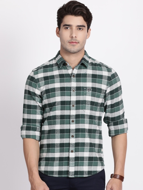 t-base Men Green & White Slim Fit Checked Cotton Casual Shirt