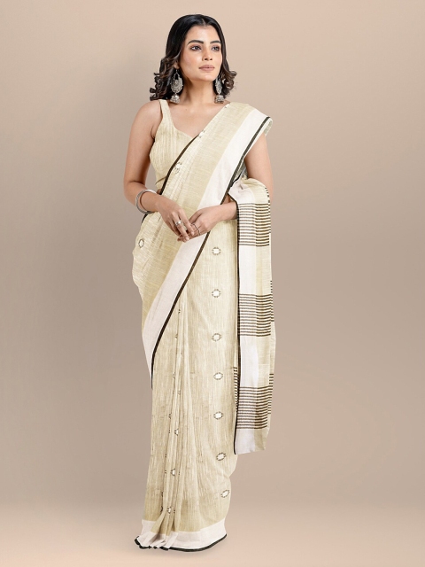 

BharatSthali Cream-Coloured & Brown Pure Cotton Woven Design Maheshwari Handloom Saree