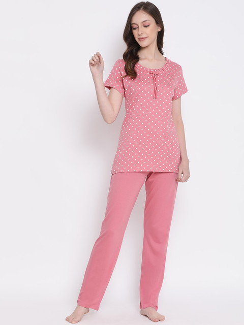 

Kanvin Women Pink & White Printed Night suit