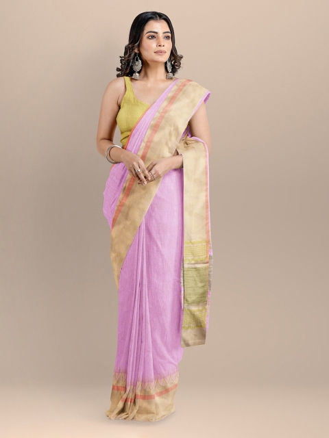 

BharatSthali Pink & Gold-Coloured Pure Cotton Solid Maheshwari Handloom Saree