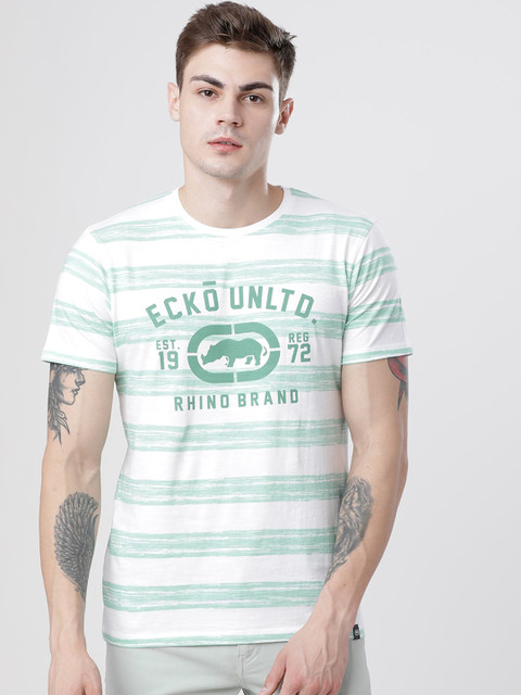 

Ecko Unltd Men White & Green Striped Round Neck T-shirt