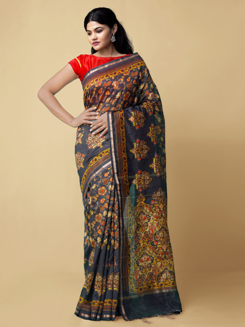 

Unnati Silks Navy Blue & Beige Silk Cotton Woven Design Chanderi Saree