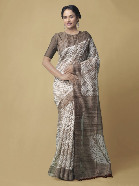 

Unnati Silks Cream-Coloured & Brown Linen Blend Printed Jamdani Handloom Saree