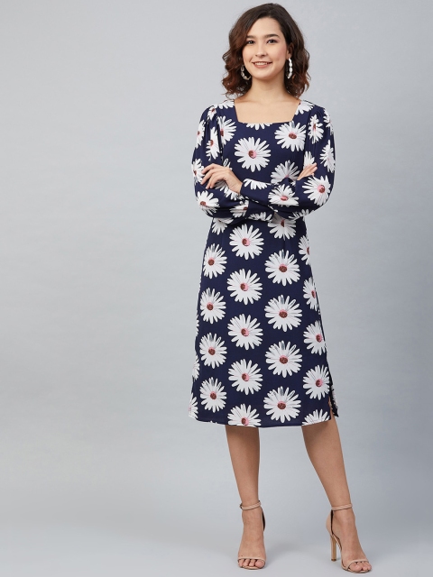 

Carlton London Women Navy Blue Floral Printed A-Line Dress