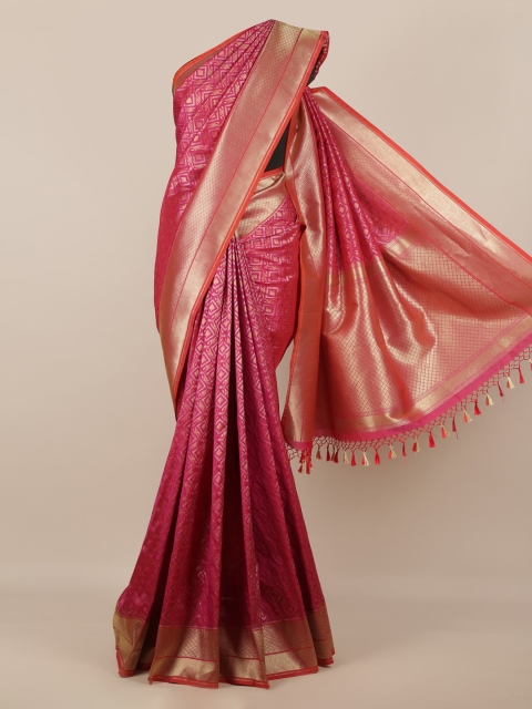

Pothys Magenta & Gold-Toned Pure Silk Woven Design Banarasi Saree With Tasseled Pallu