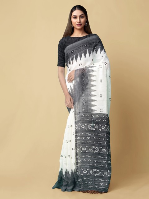 

Unnati Silks Cream-Coloured & Grey Linen Blend Printed Jamdani Handloom Saree