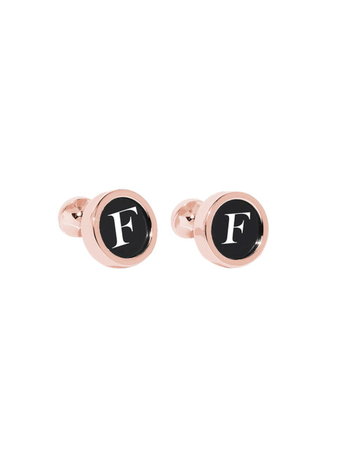 

Blacksmith Rose Gold-Plated White & Black Round Alphabet F Printed Cufflinks