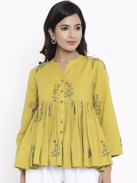 

VRISA Mustard Printed Mandarin Collar Pure Cotton Empire Top
