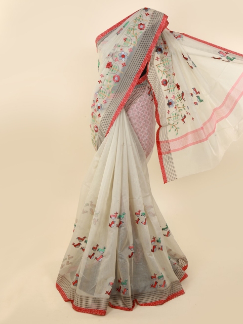 

Pothys Cream-Coloured & Red Supernet Woven Design Saree