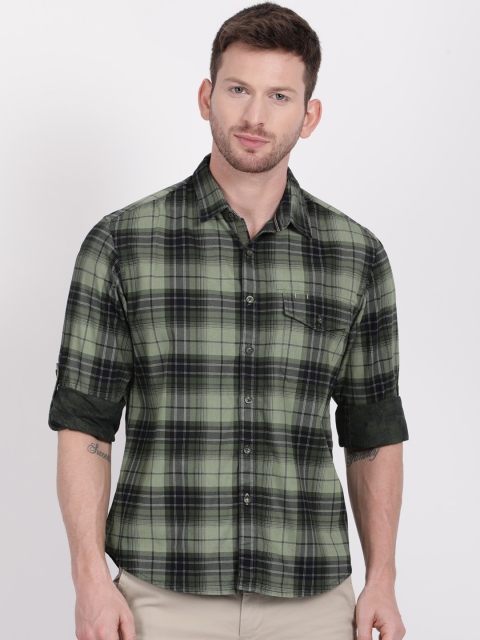 

t-base Men Green Slim Fit Checked Casual Cotton Shirt