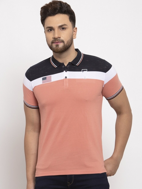 

UNICOPS Men Peach-Coloured & Black Colourblocked Polo Collar Cotton T-shirt