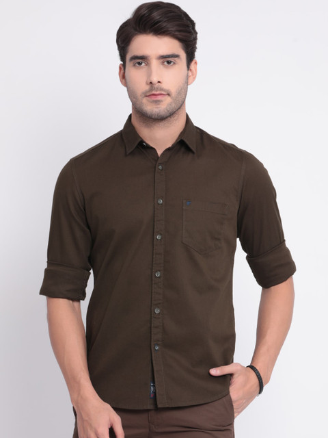 

t-base Men Olive Brown Slim Fit Solid Casual Shirt