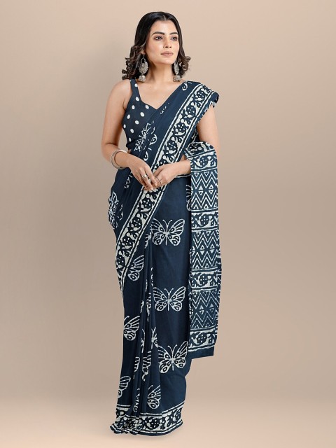 

BharatSthali Navy Blue & Off-White Pure Cotton Printed Block Print Handloom Saree
